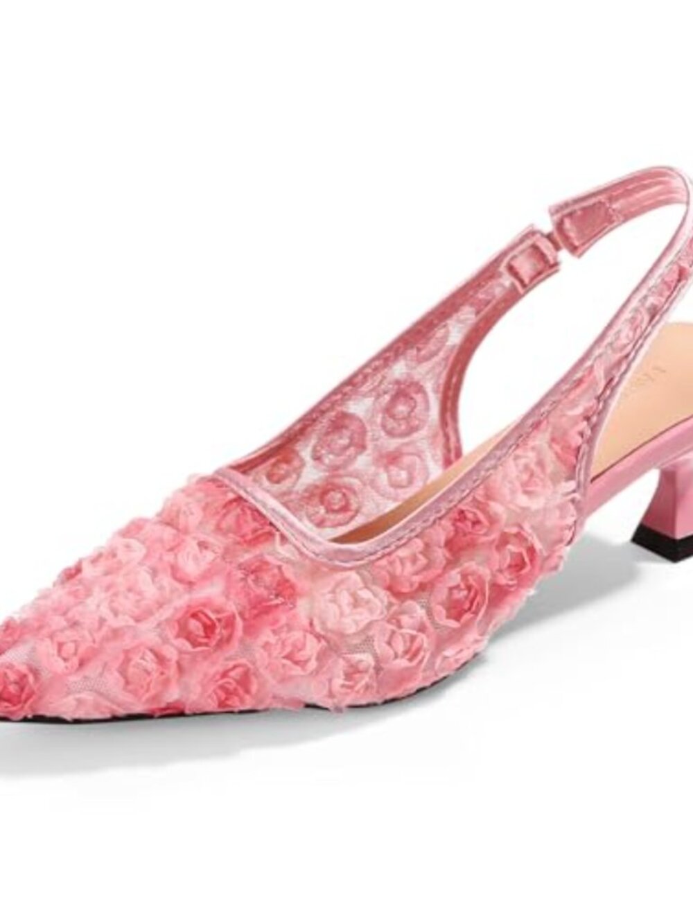 Lace Kitten Heels Slingback Pointed Toe Floral Mesh Dress Shoes Low Heel